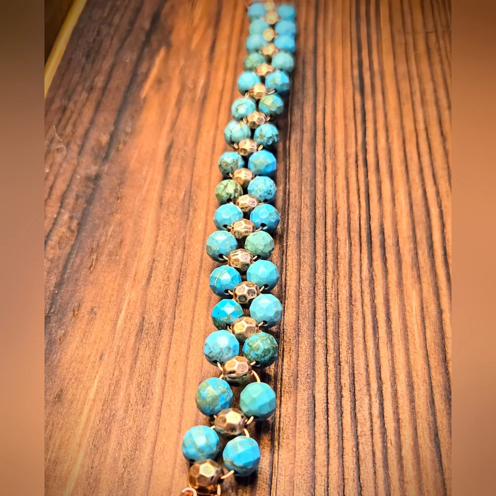 The Frontier's Genuine Faceted Turquoise In Handwoven Antique Copper Bracelet